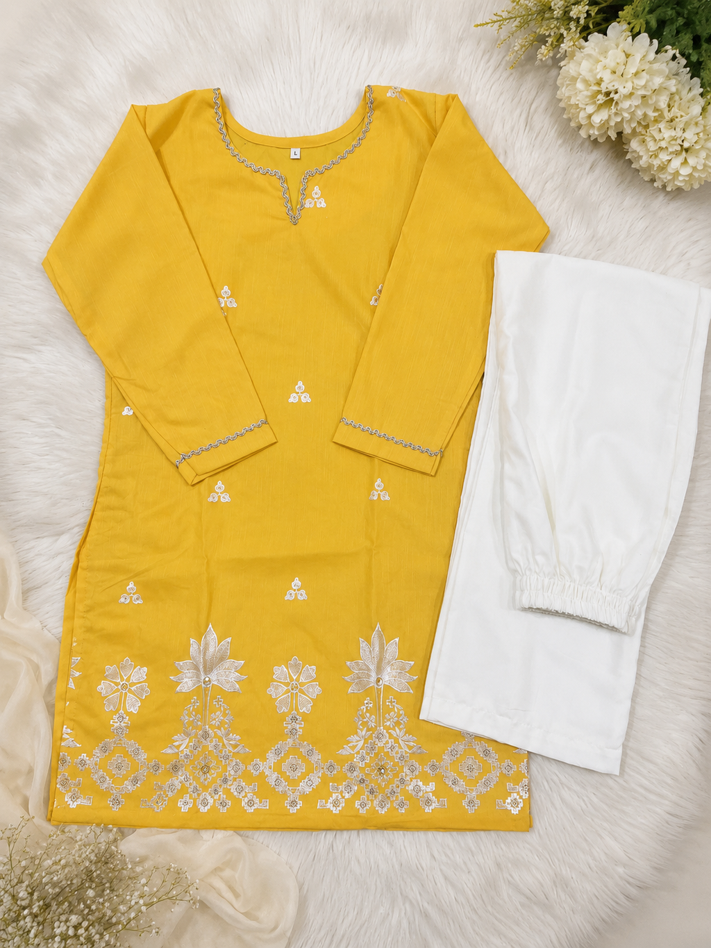 Beautiful Embroidered Cotton Straight Kurti with Elegant Floral Palazzos