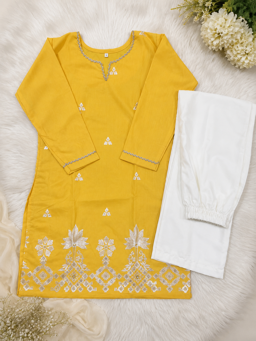 Beautiful Embroidered Cotton Straight Kurti with Elegant Floral Palazzos