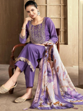 Lavender Embroidered Straight Kurta Set with Floral Printed Dupatta