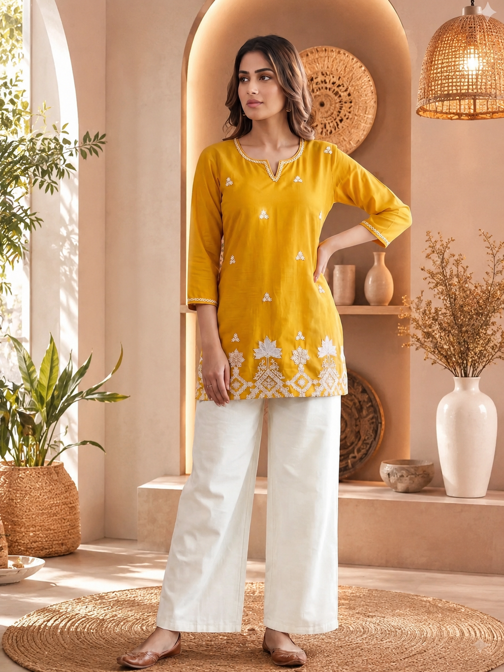 Beautiful Embroidered Cotton Straight Kurti with Elegant Floral Palazzos