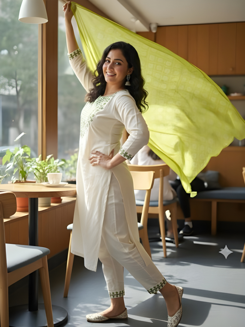 Ivory Green Embroidered Kurta Set with Lime Green Dupatta