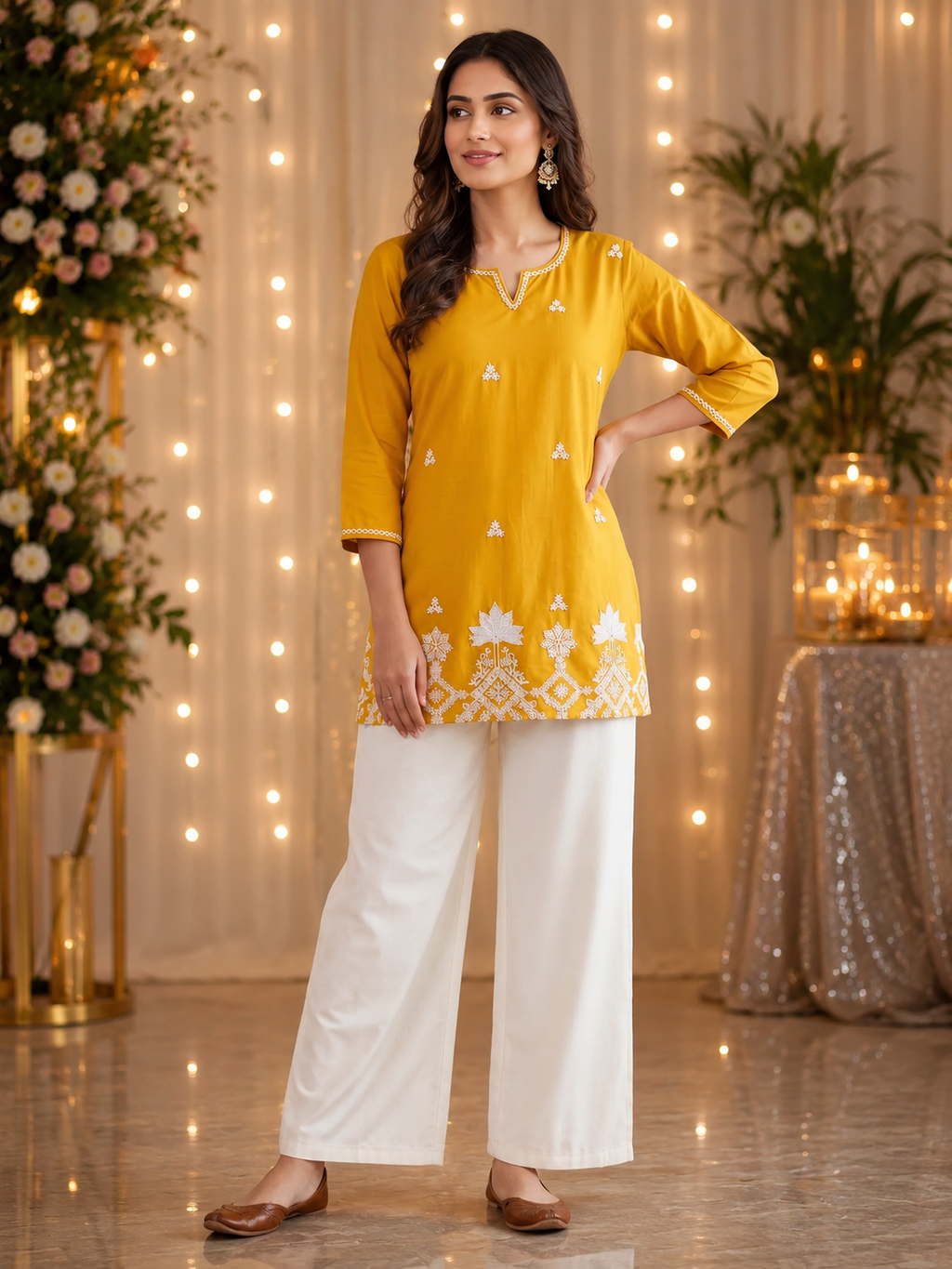 Pretty Noir Elegance – Yellow Cotton Straight Kurti with Exquisite White Floral Embroidery