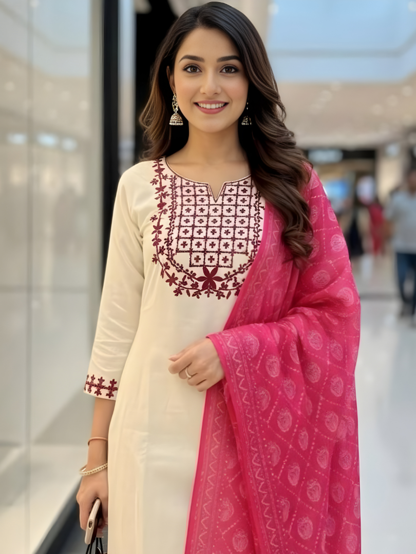 Ivory Rose Embroidered Kurta Set with Pink Printed Dupatta