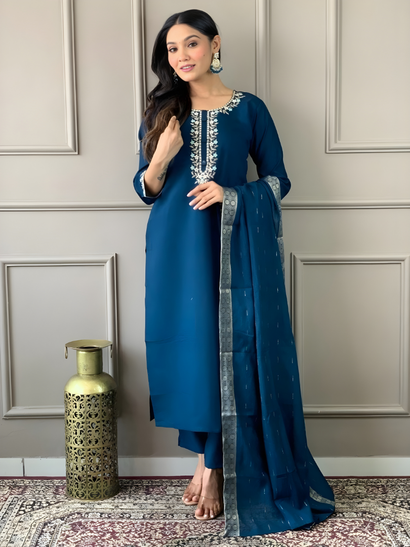 Women’s Embroidered Kurta Pant Dupatta Set | Elegant Ethnic Wear Suit Set | Festive & Party Wear