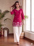 Elegant Rani Straight Kurti with Statement Floral Border With White Palazzos