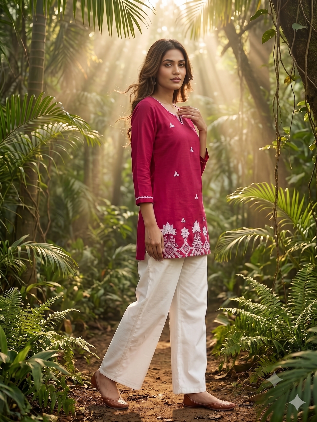 Stylist Cotton Embroidered Short Kurti with White Palazzo Set