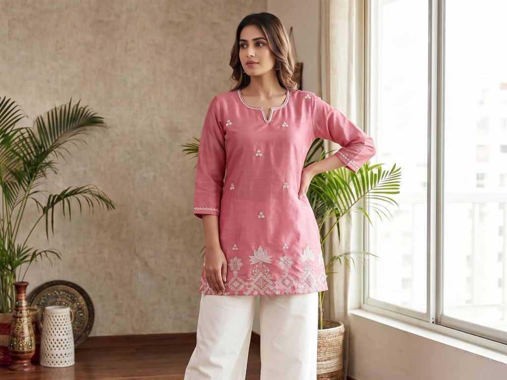 Peach & White Embroidered Kurti Set with Palazzo – Elegant Ethnic Co-Ord Set