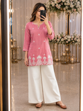 Peach Cotton Floral Elegance – Intricately Embroidered Straight Kurti with Statement White Border