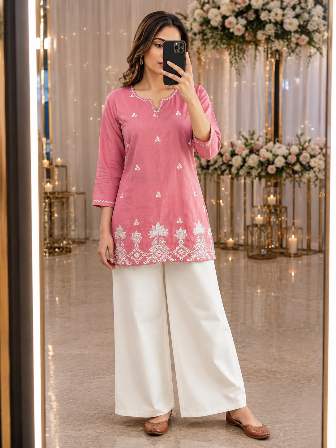 Peach Cotton Floral Elegance – Intricately Embroidered Straight Kurti with Statement White Border