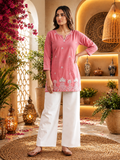Peach Cotton Embroidered Straight Kurti with Intricate White Floral Border