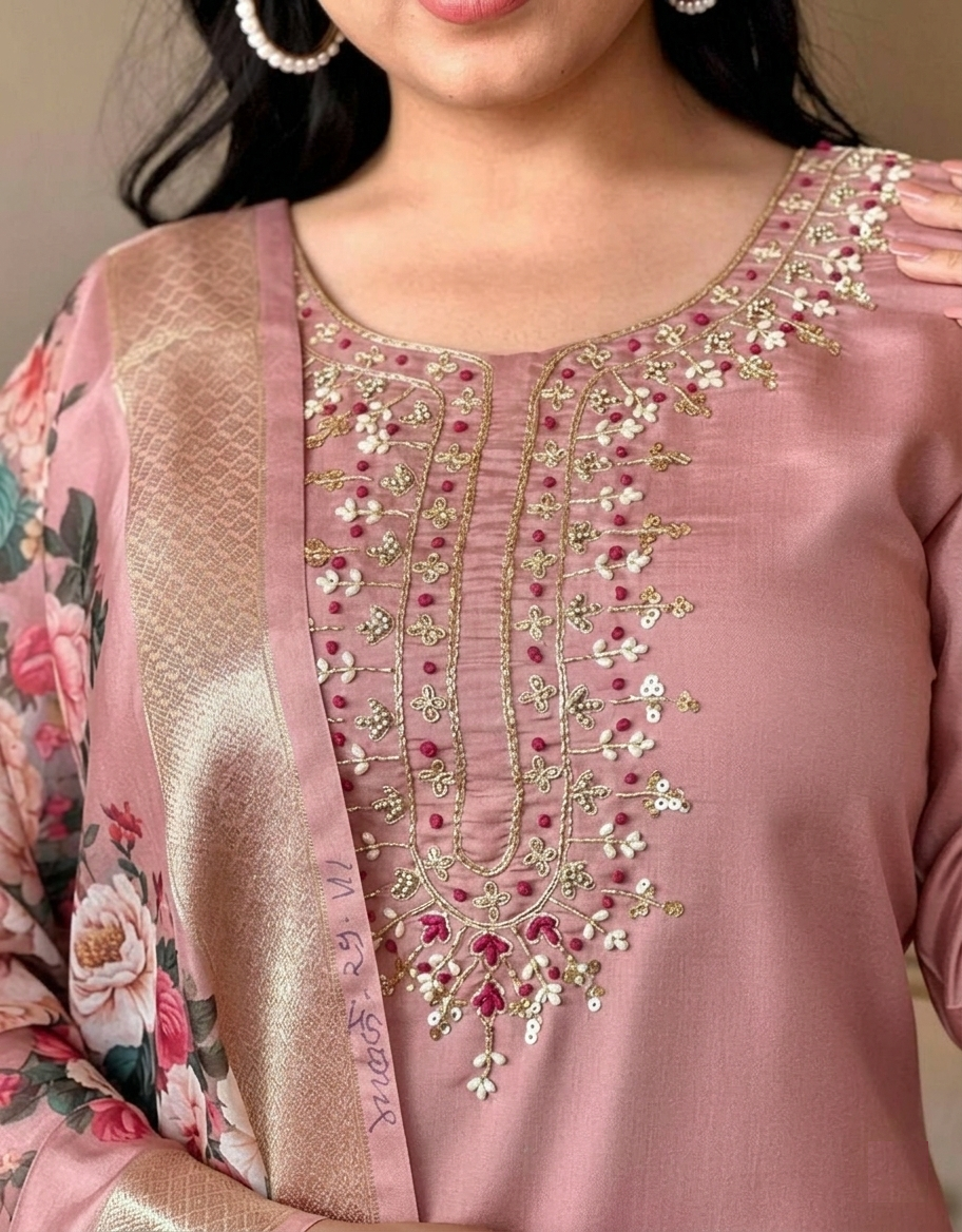 Rosé Heritage – Premium Embroidered Kurta Set with Statement Floral Dupatta