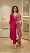 Trendy Wine Pink Embroidered Kurta Pant Set with Floral Printed Dupatta