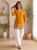 Yellow Embroidered Straight Kurti with Intricate White Floral Border
