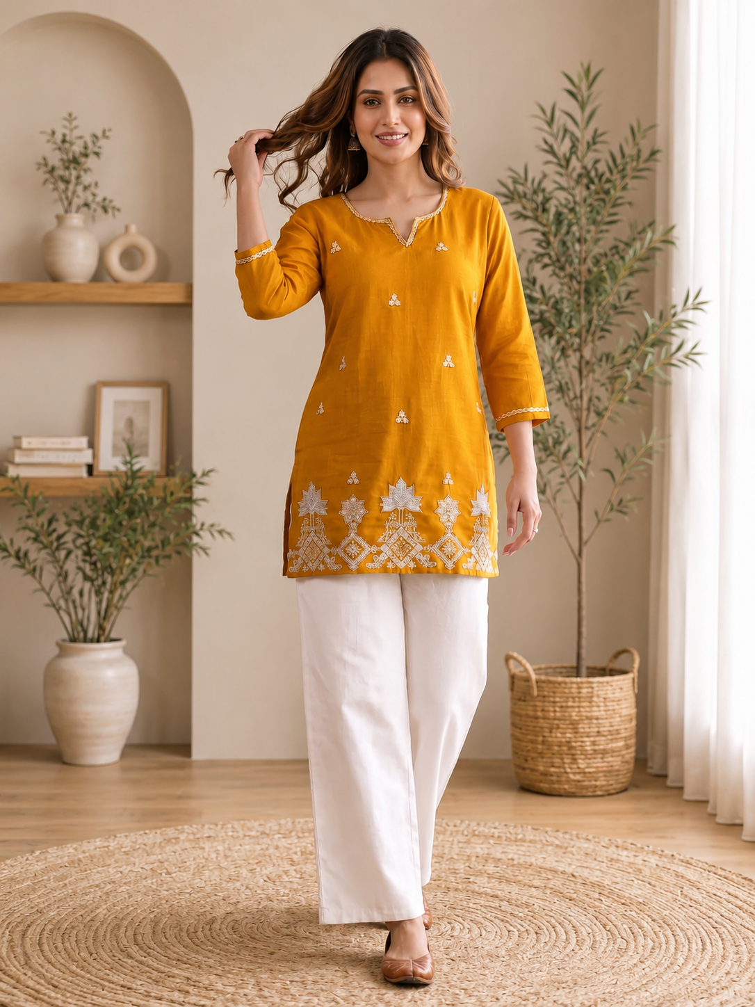 Yellow Embroidered Straight Kurti with Intricate White Floral Border
