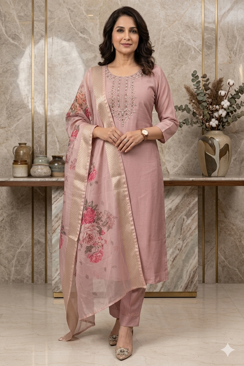 Blush Royale – Intricately Embroidered Kurta with Coordinated Floral Dupatta