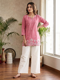 Peach & White Embroidered Kurti Set with Palazzo – Elegant Ethnic Co-Ord Set