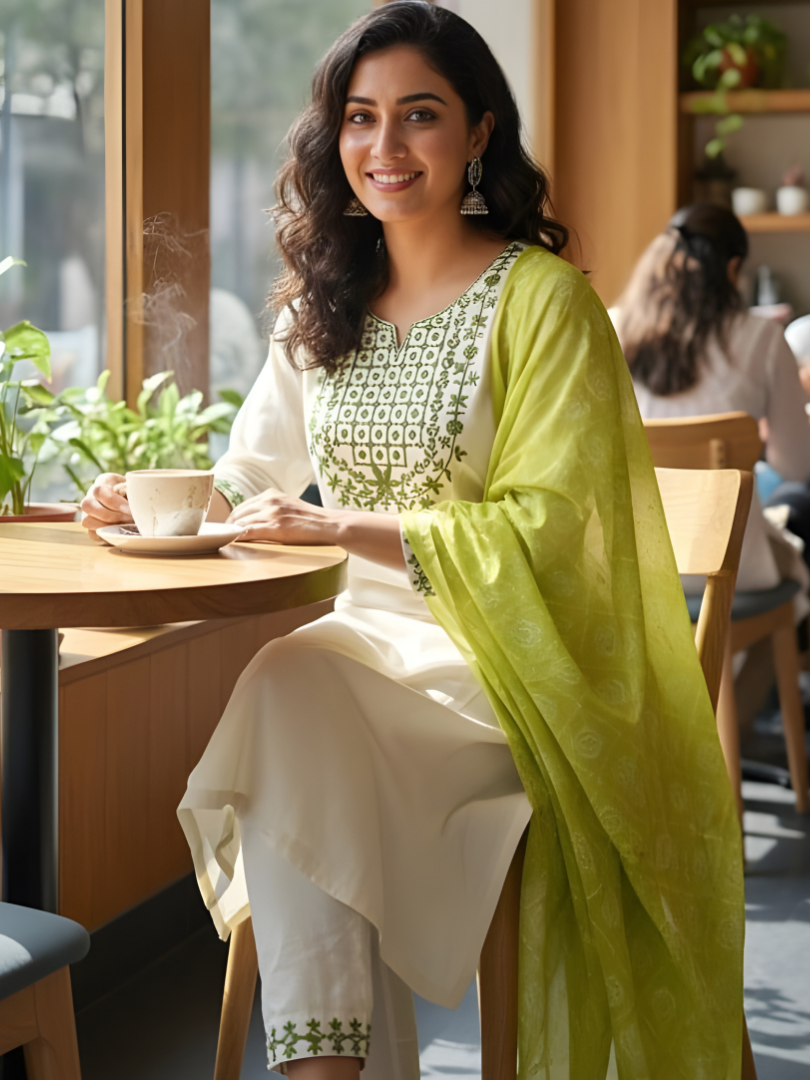 Ivory Green Embroidered Kurta Set with Lime Green Dupatta