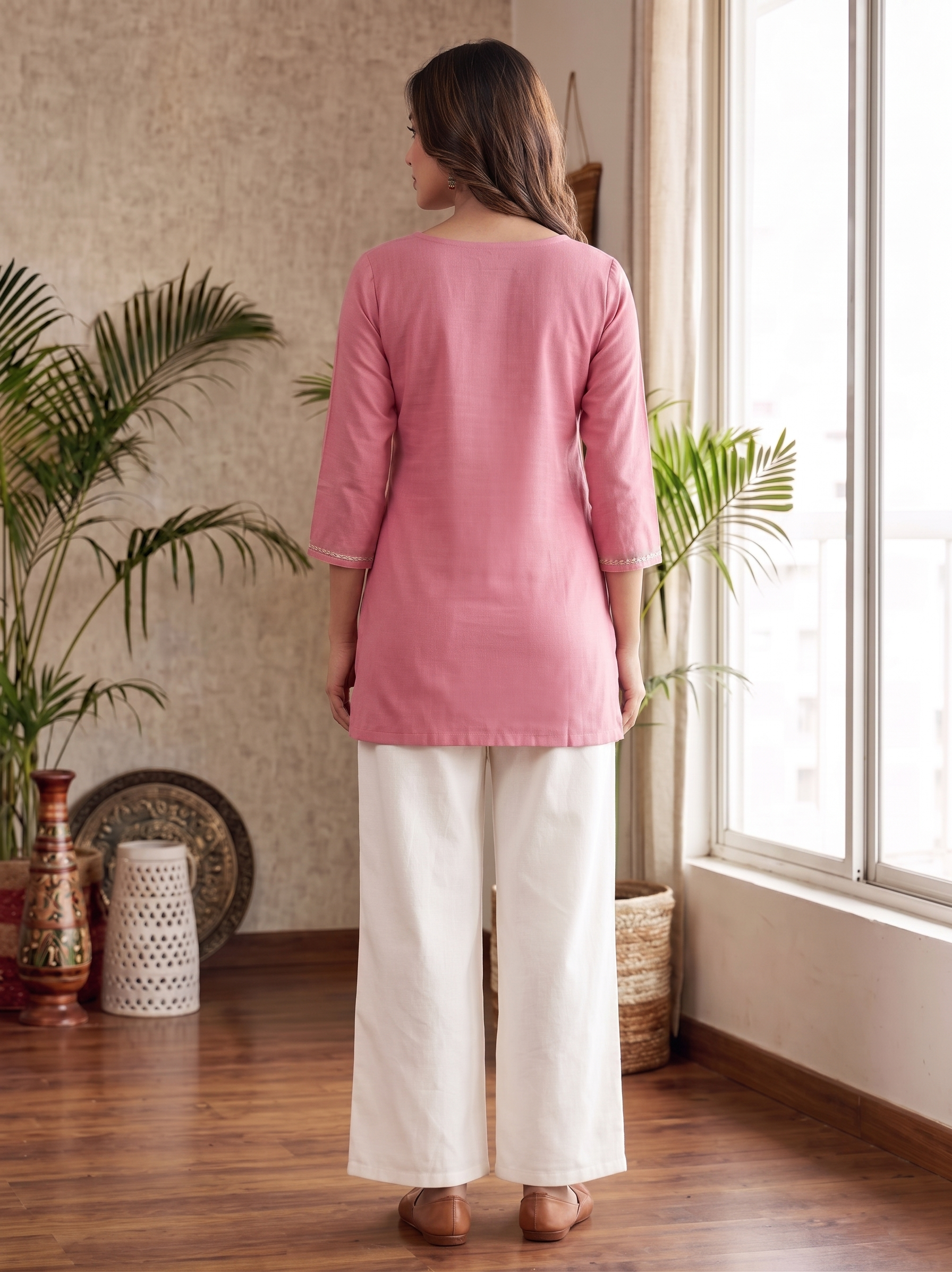 Peach & White Embroidered Kurti Set with Palazzo – Elegant Ethnic Co-Ord Set