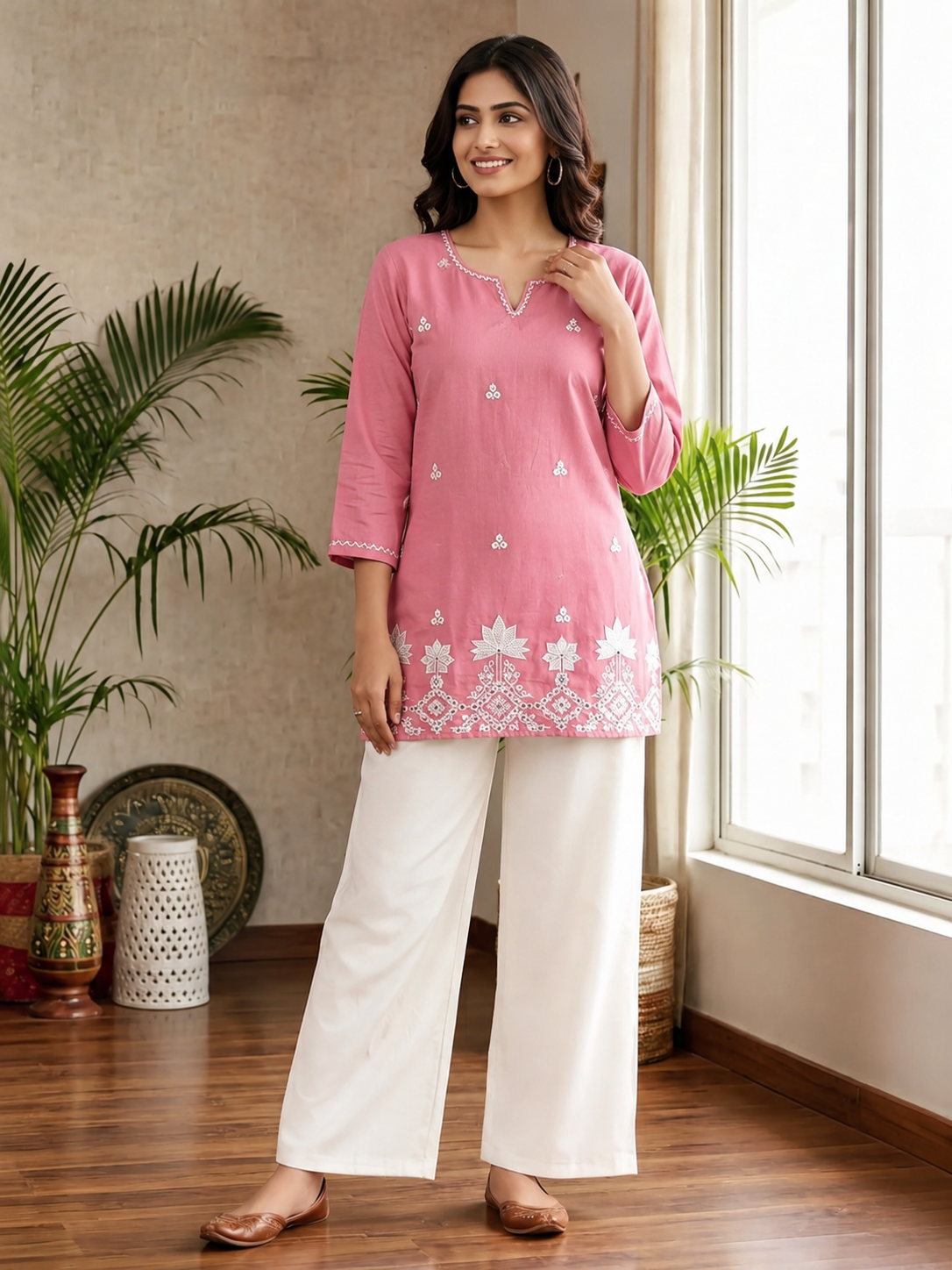 Peach & White Embroidered Kurti Set with Palazzo – Elegant Ethnic Co-Ord Set