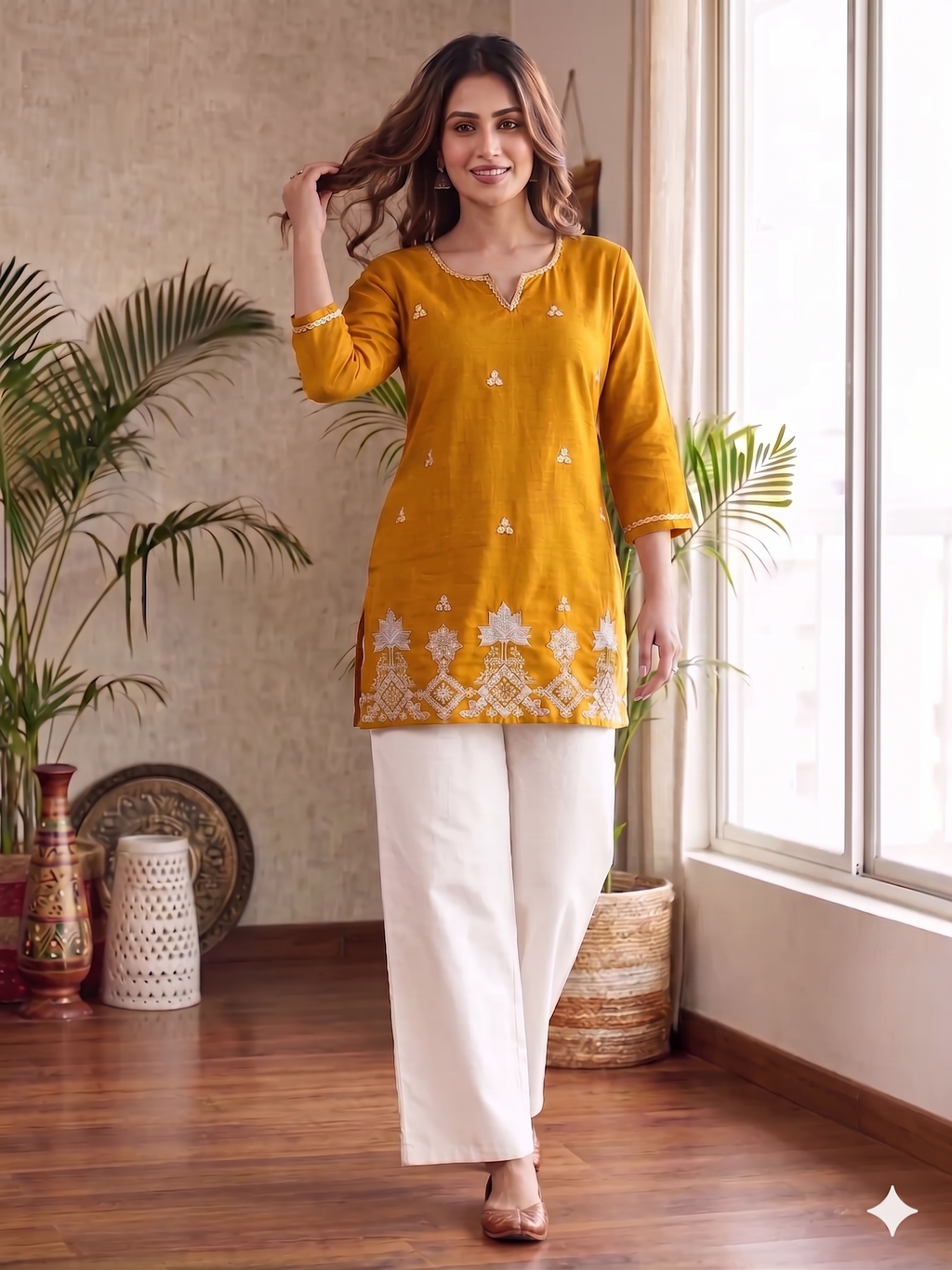 Elegant Yellow Straight Kurti with Statement Floral Border With White Palazzos