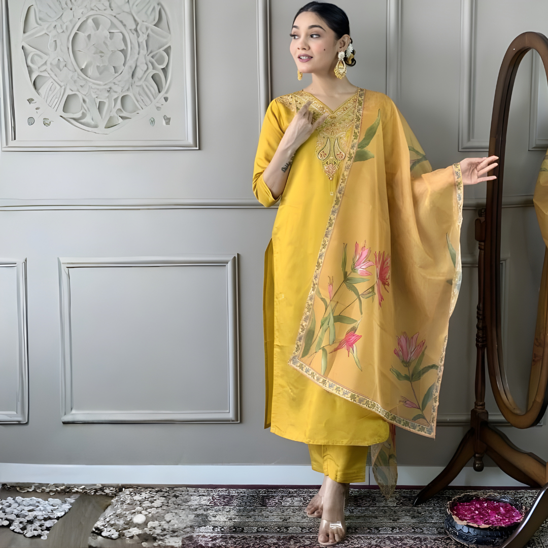 Sunshine Yellow Floral Embroidered Kurta Set with Printed Dupatta