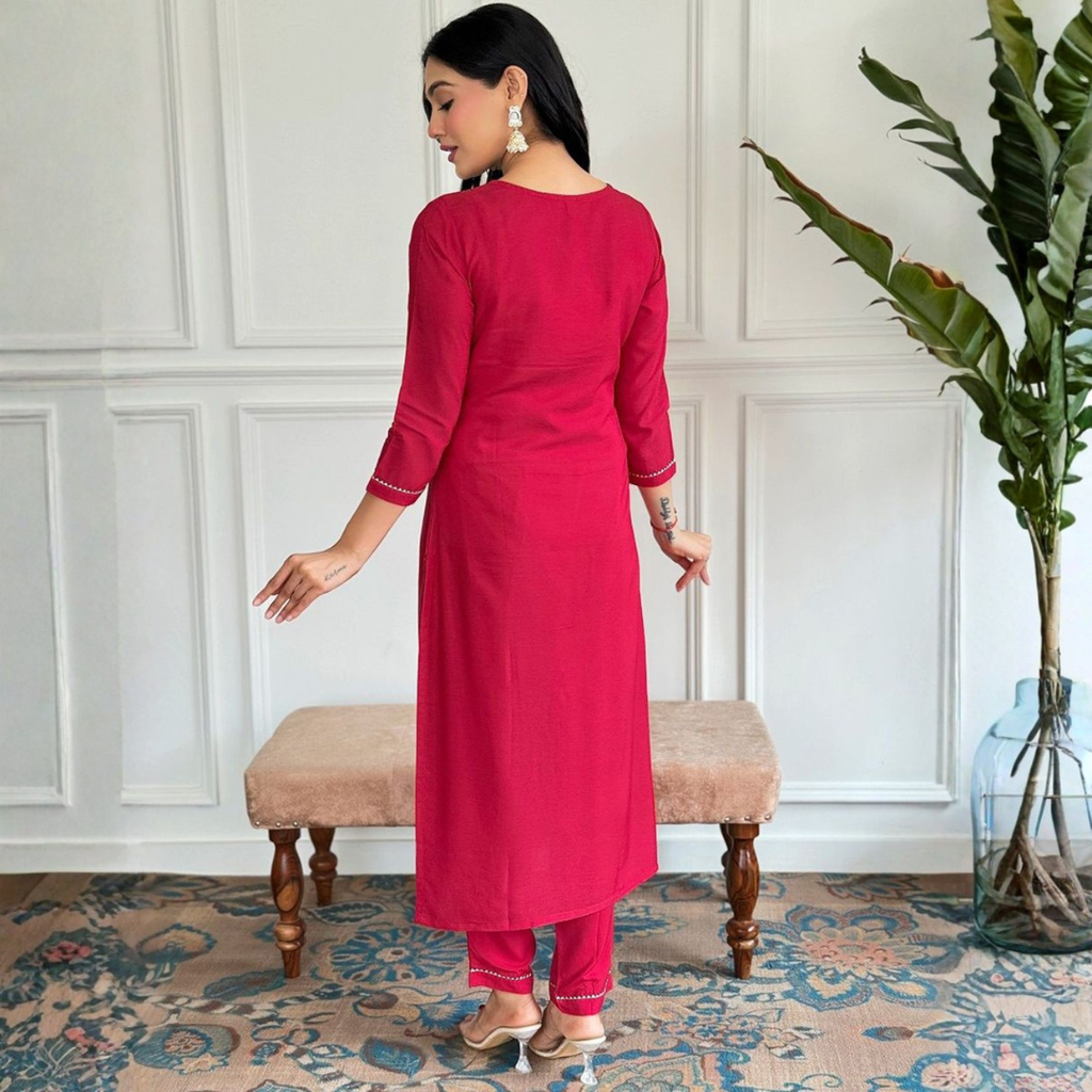 Ruby Pink Embroidered Kurta Set with Printed Dupatta