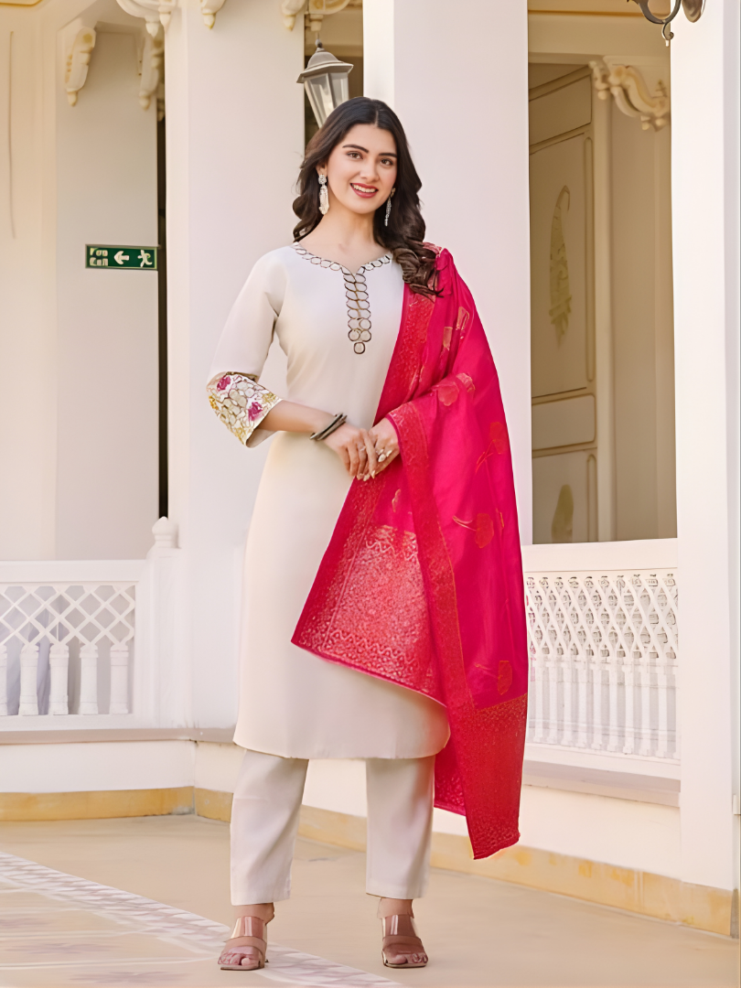Women’s Embroidered Straight Kurta with Palazzo & Printed Dupatta | Elegant 3 Piece Ethnic Set