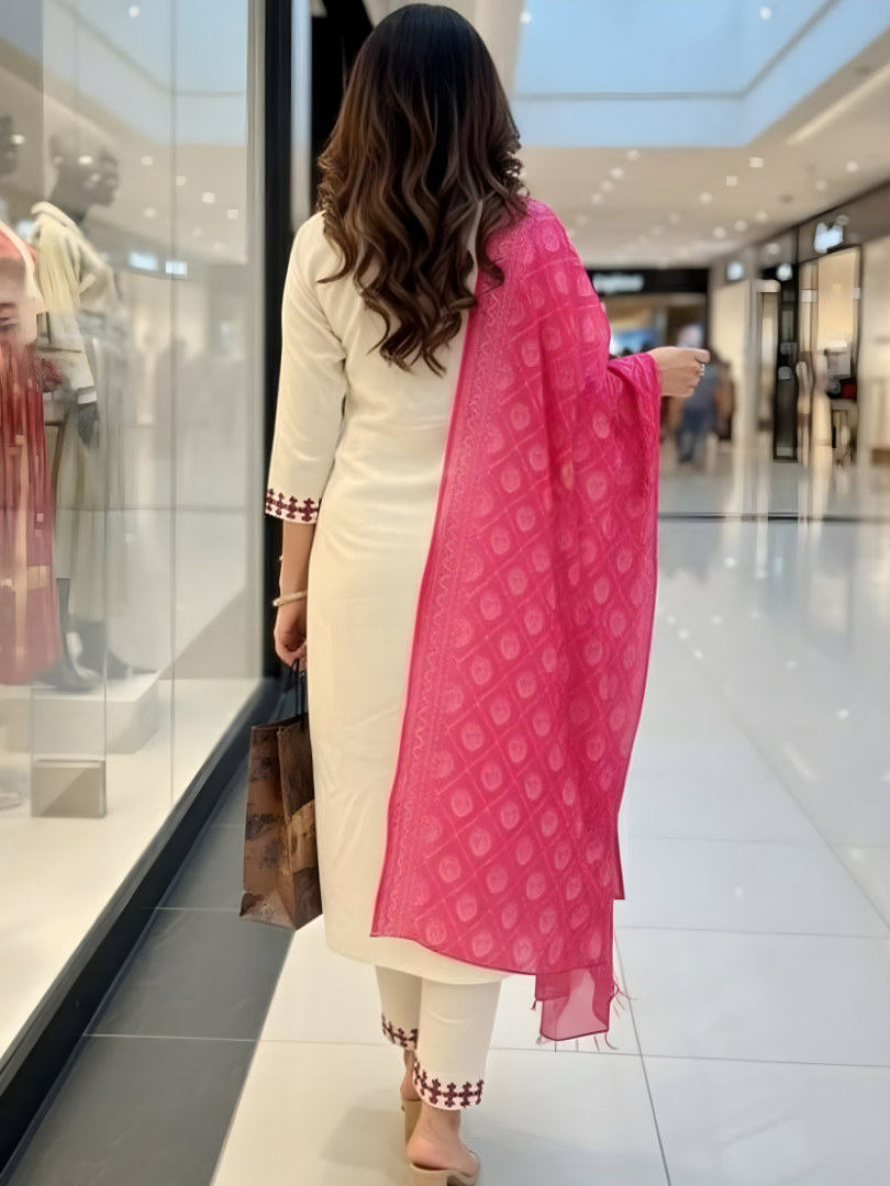 Ivory Rose Embroidered Kurta Set with Pink Printed Dupatta