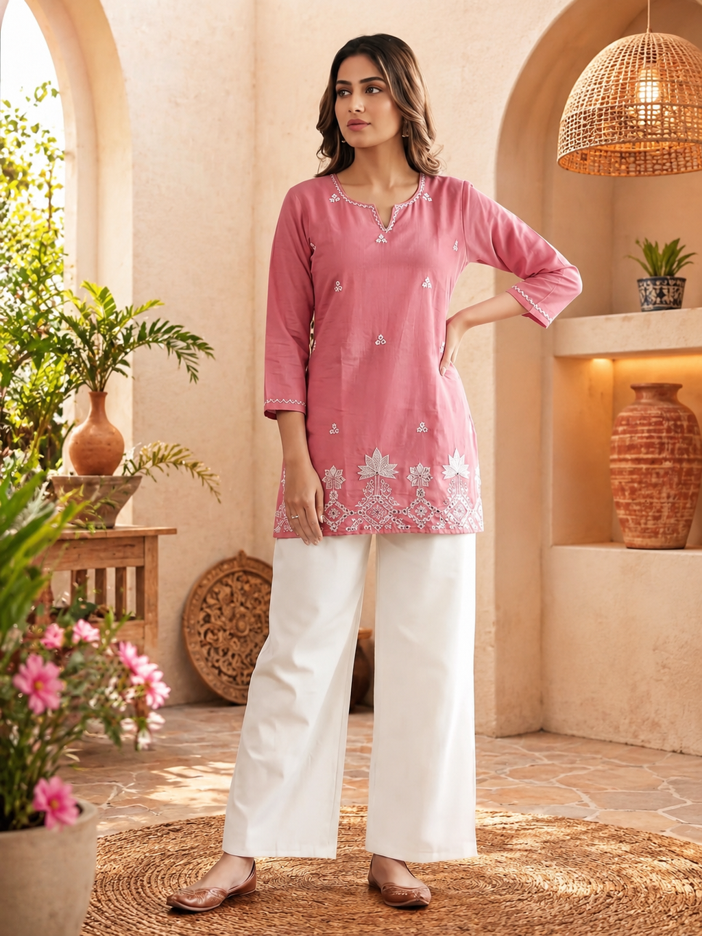 Graceful Embroidered Cotton Straight Kurti with Elegant Floral Palazzos