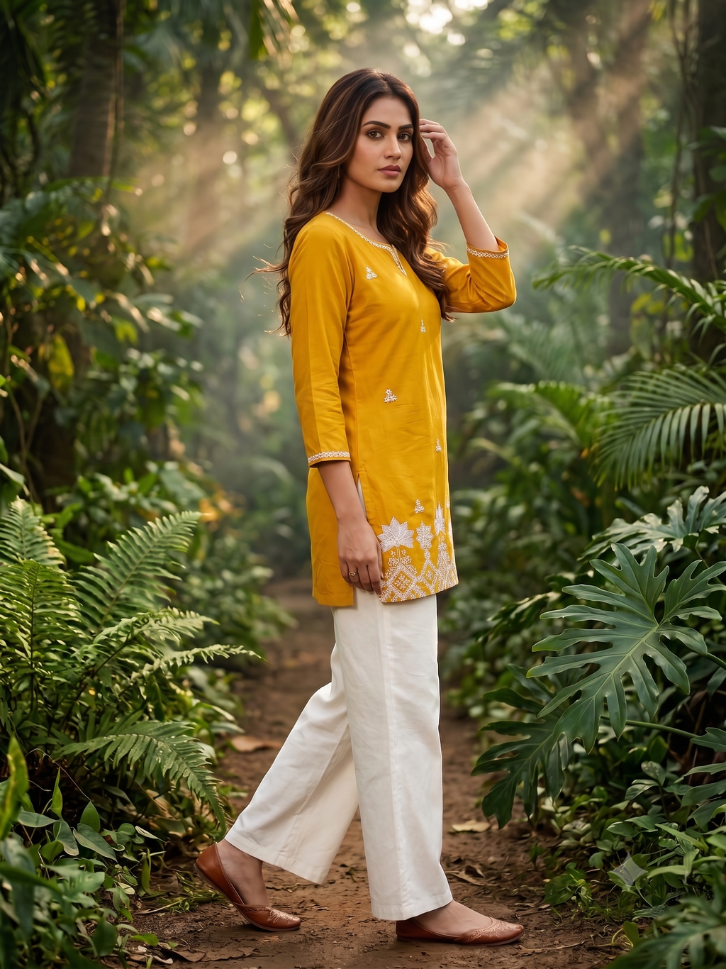 Trendy Cotton Embroidered Short Kurti with White Palazzo Set
