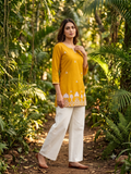 Trendy Cotton Embroidered Short Kurti with White Palazzo Set