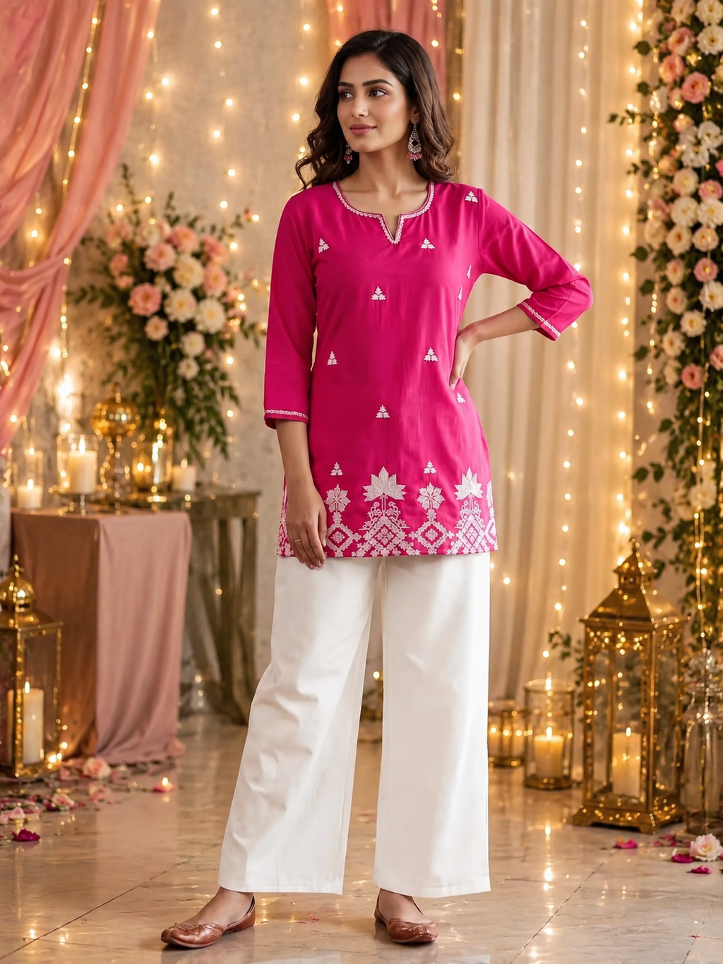 Traditional Noir Elegance – Rani Cotton Straight Kurti with Exquisite White Floral Embroidery
