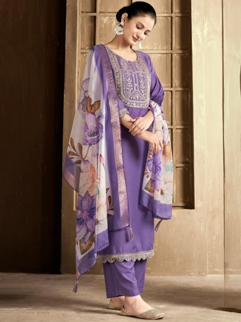 Lavender Embroidered Straight Kurta Set with Floral Printed Dupatta
