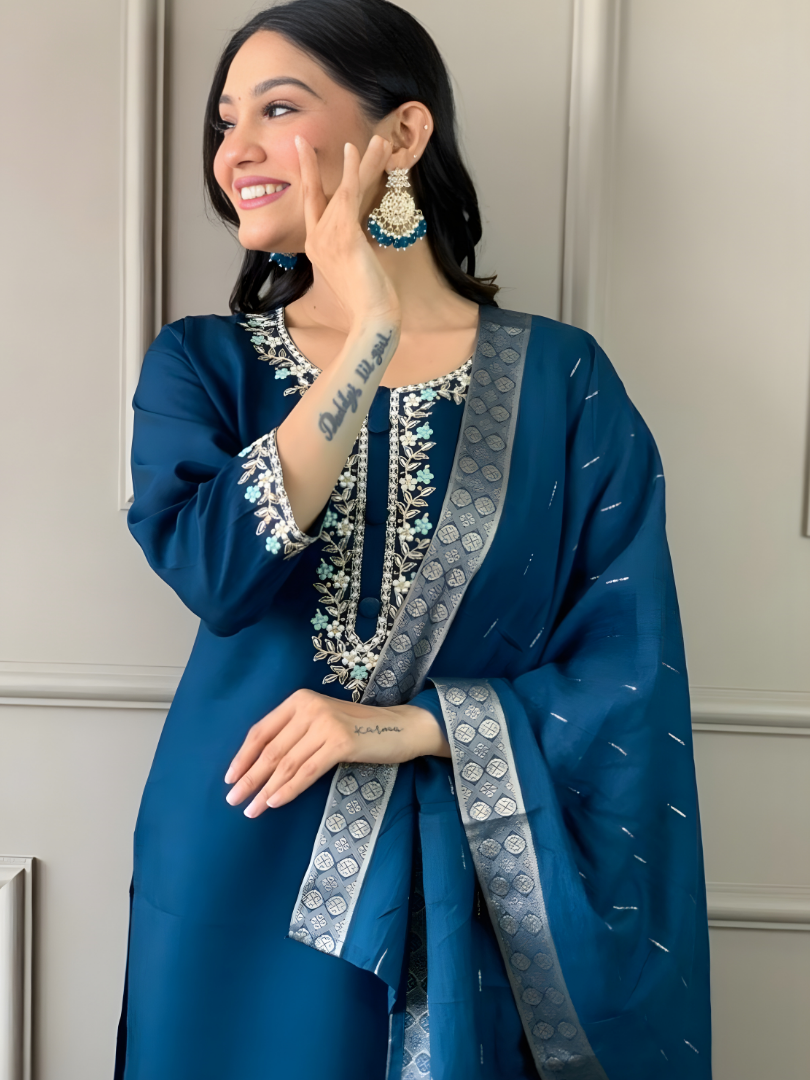 Women’s Embroidered Kurta Pant Dupatta Set | Elegant Ethnic Wear Suit Set | Festive & Party Wear