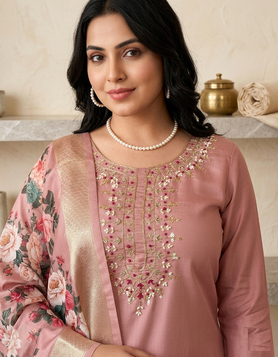 Blush Rose Elegance – Embroidered Kurta Set with Floral Dupatta