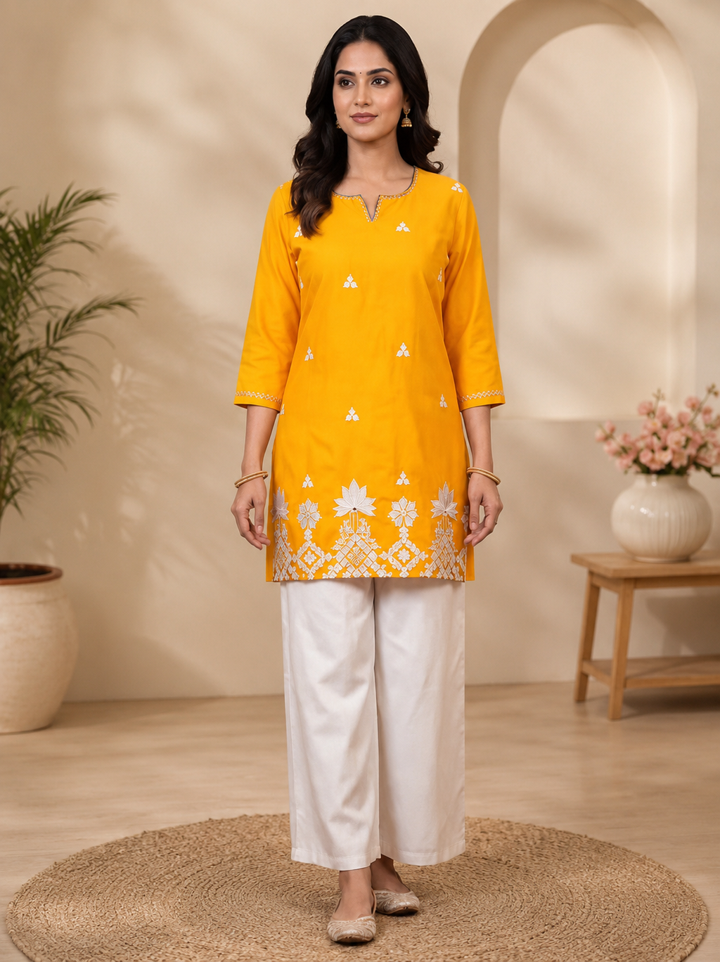 Yellow Embroidered Straight Kurti with Intricate White Floral Border