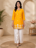 Yellow Embroidered Straight Kurti with Intricate White Floral Border