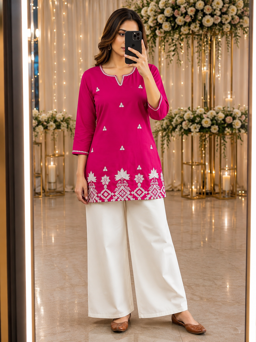 Rani Cotton Floral Elegance – Intricately Embroidered Straight Kurti with Statement White Border
