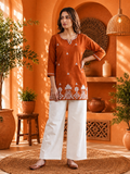 Rust Orange Cotton Embroidered Straight Kurti with Intricate White Floral Border
