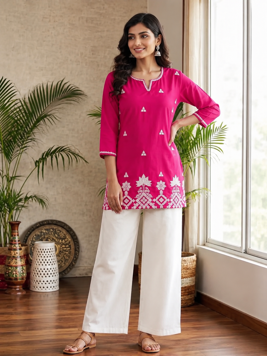 Rani & White Embroidered Kurti Set with Palazzo – Elegant Ethnic Co-Ord Set