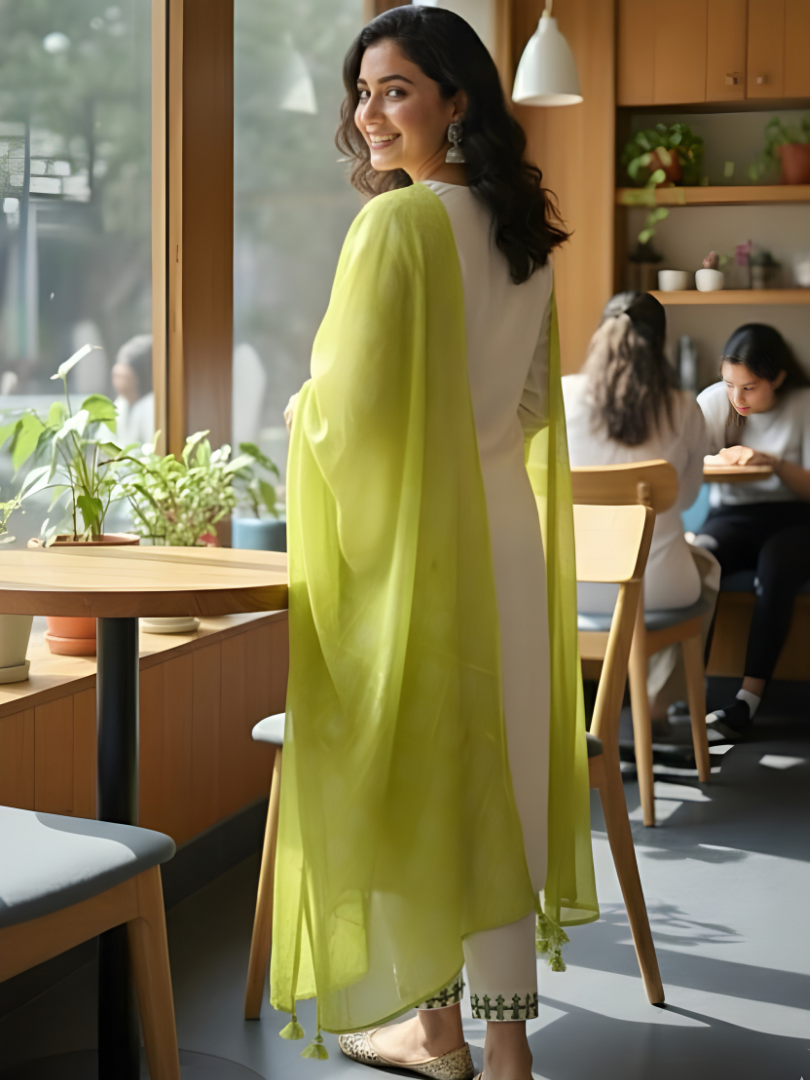Ivory Green Embroidered Kurta Set with Lime Green Dupatta