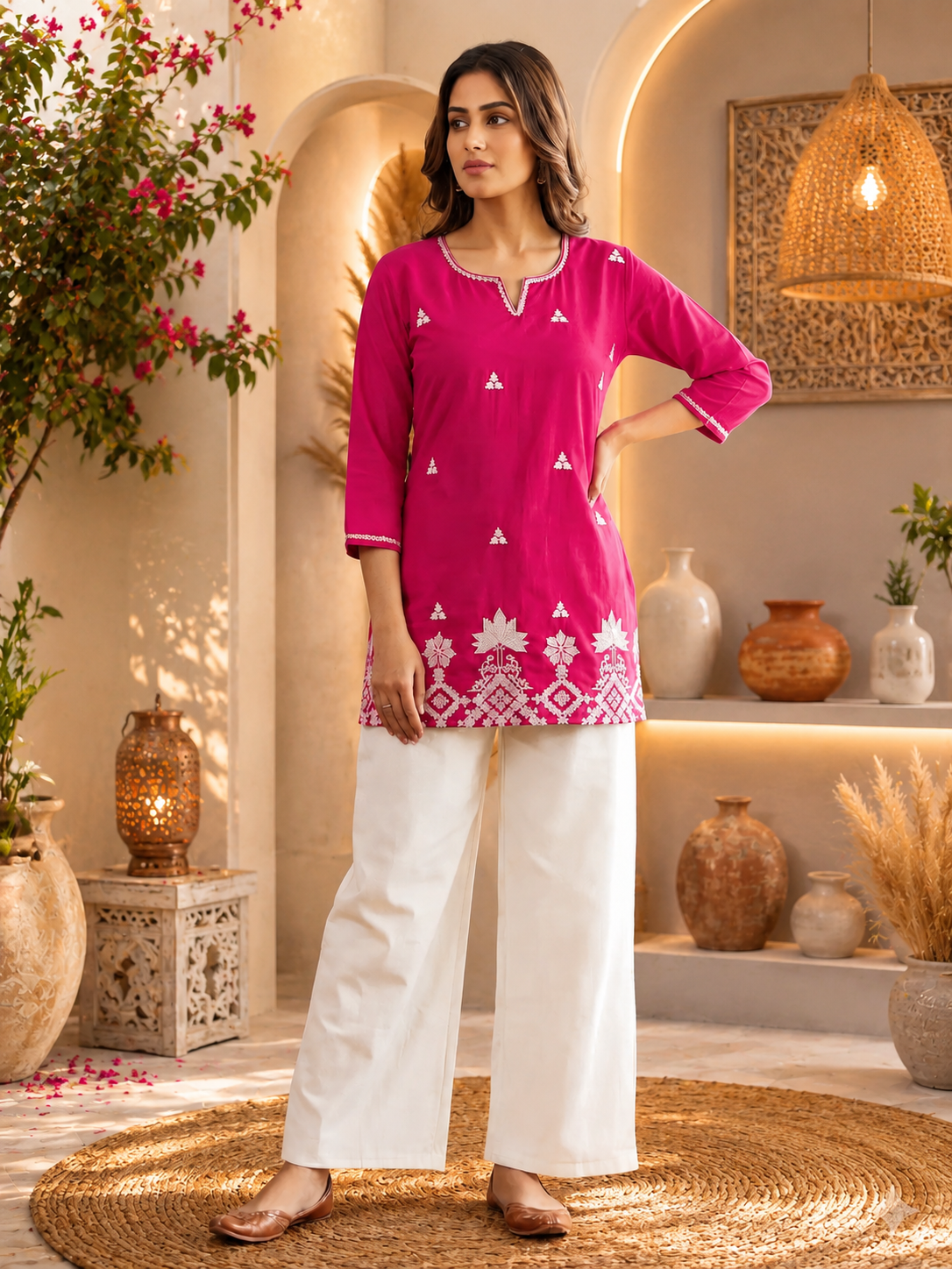 Latest Embroidered Cotton Straight Kurti with Elegant Floral Palazzos