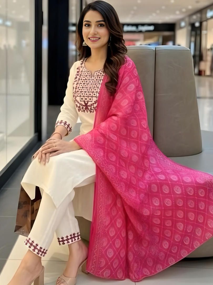 Ivory Rose Embroidered Kurta Set with Pink Printed Dupatta
