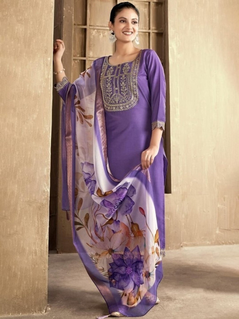 Lavender Embroidered Straight Kurta Set with Floral Printed Dupatta