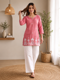 Peach Embroidered Straight Kurti with Intricate White Floral Border