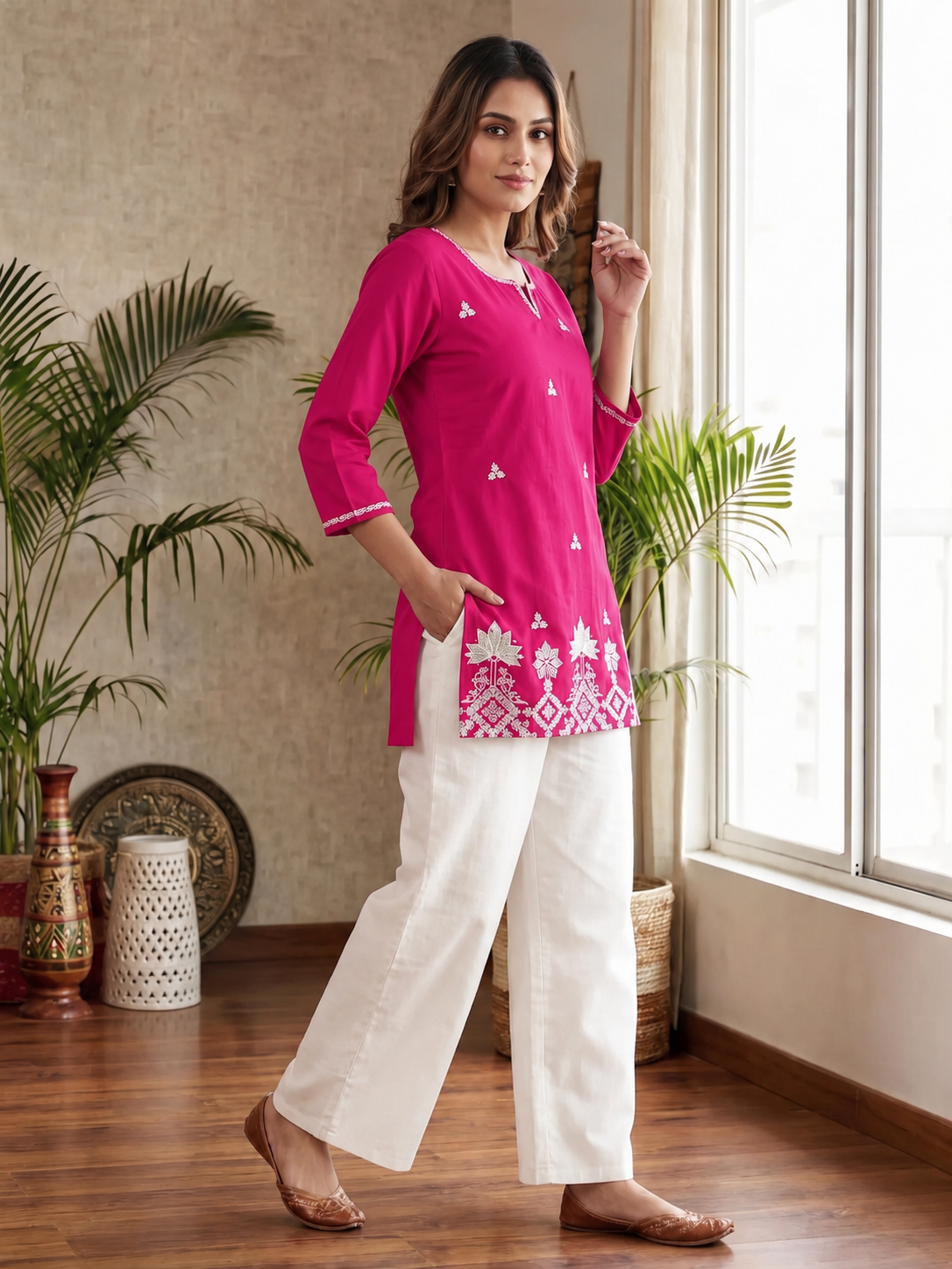 Rani & White Embroidered Kurti Set with Palazzo – Elegant Ethnic Co-Ord Set