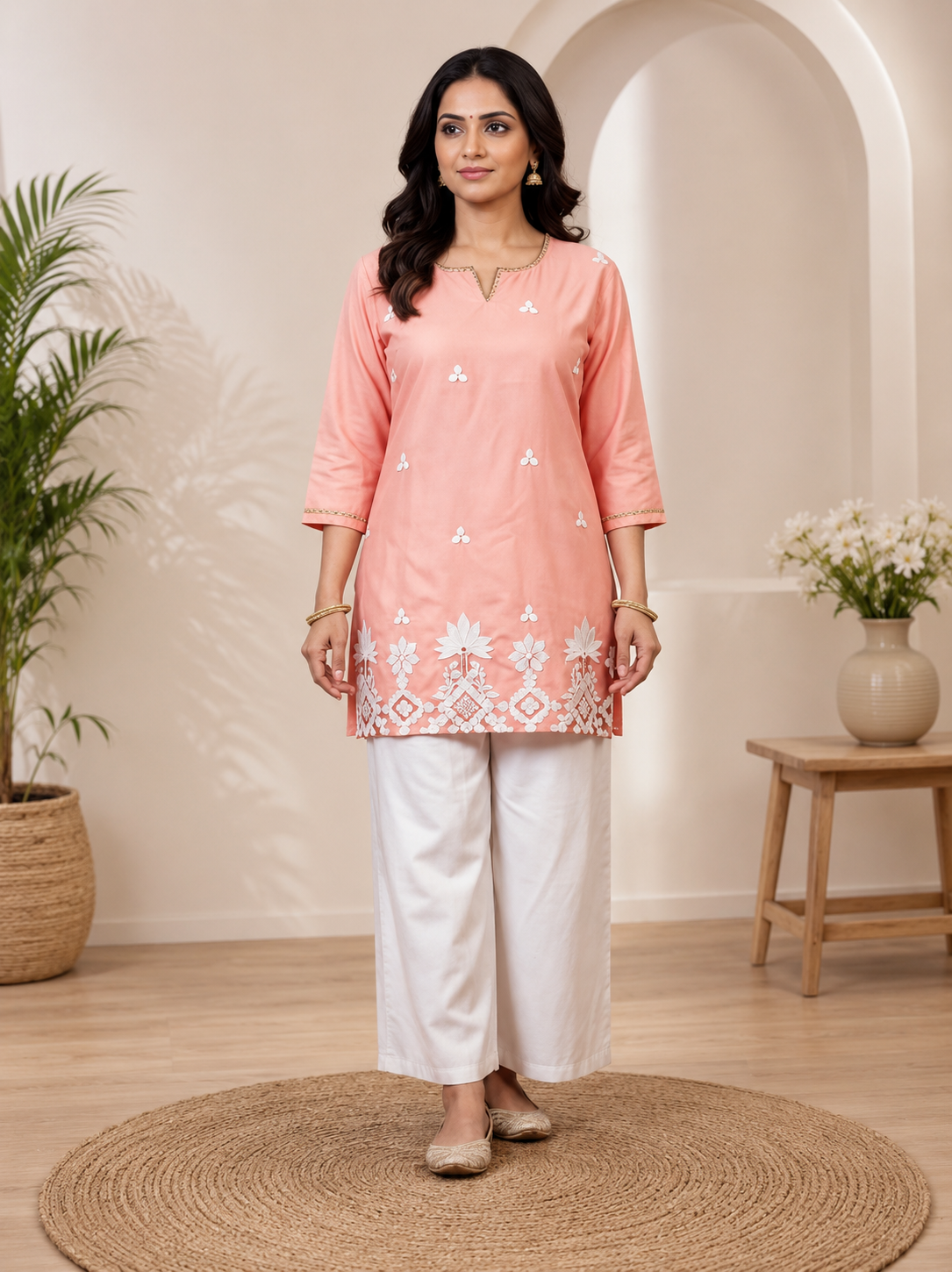 Peach Embroidered Straight Kurti with Intricate White Floral Border
