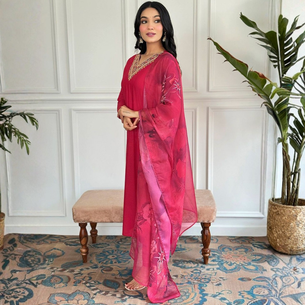 Ruby Pink Embroidered Kurta Set with Printed Dupatta