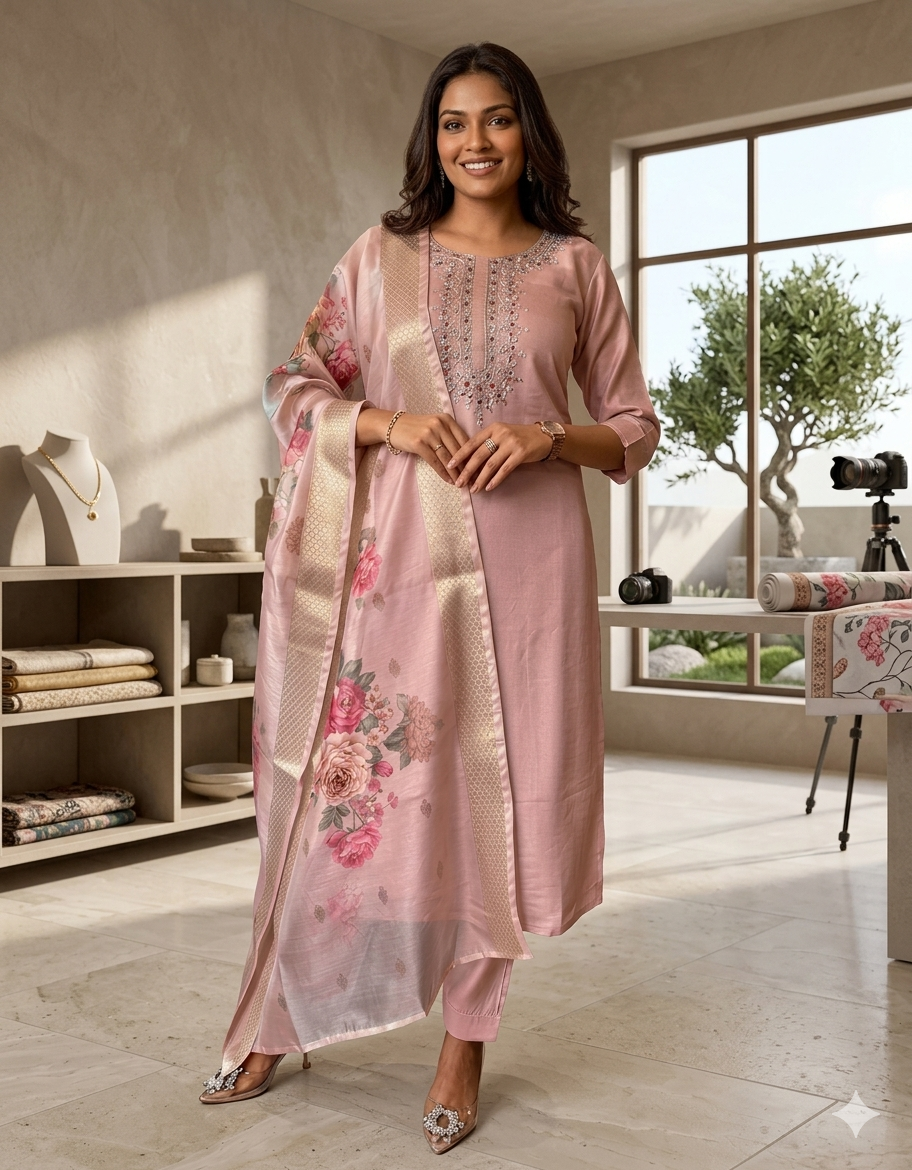 Rose Mist – Elegant Embroidered Suit Set with Printed Floral Dupatta