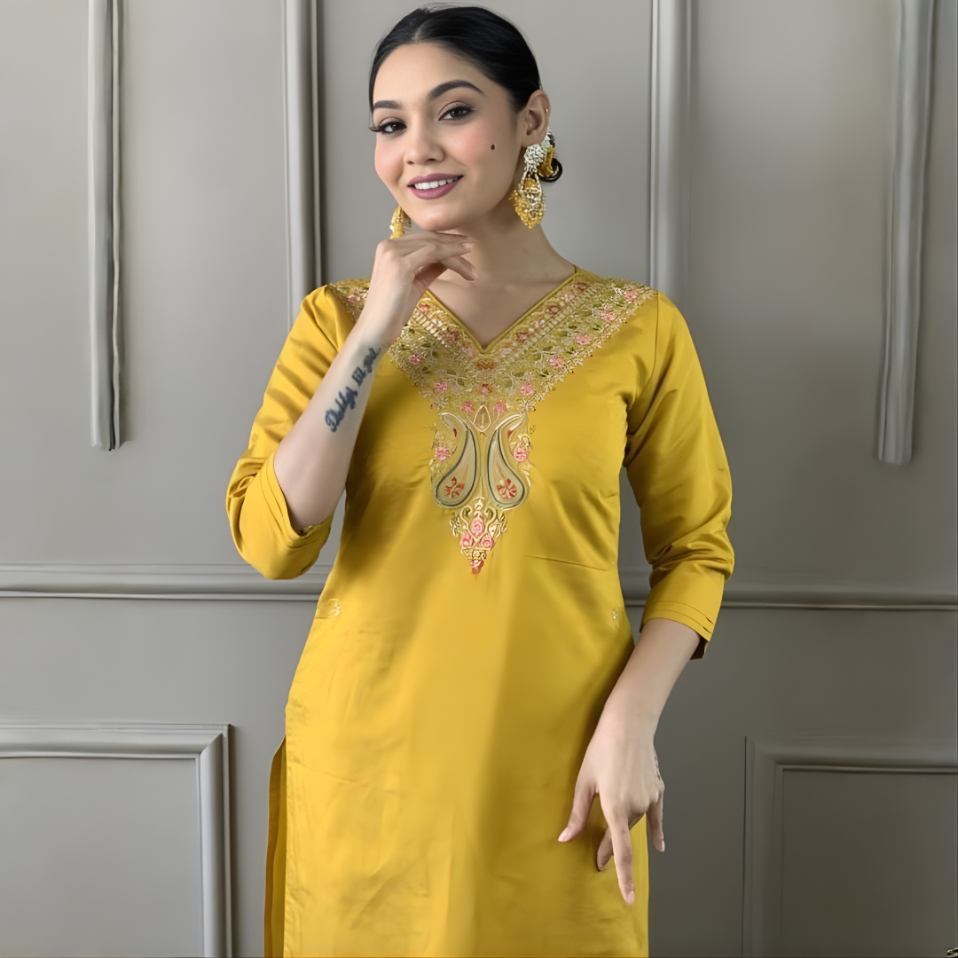 Sunshine Yellow Floral Embroidered Kurta Set with Printed Dupatta
